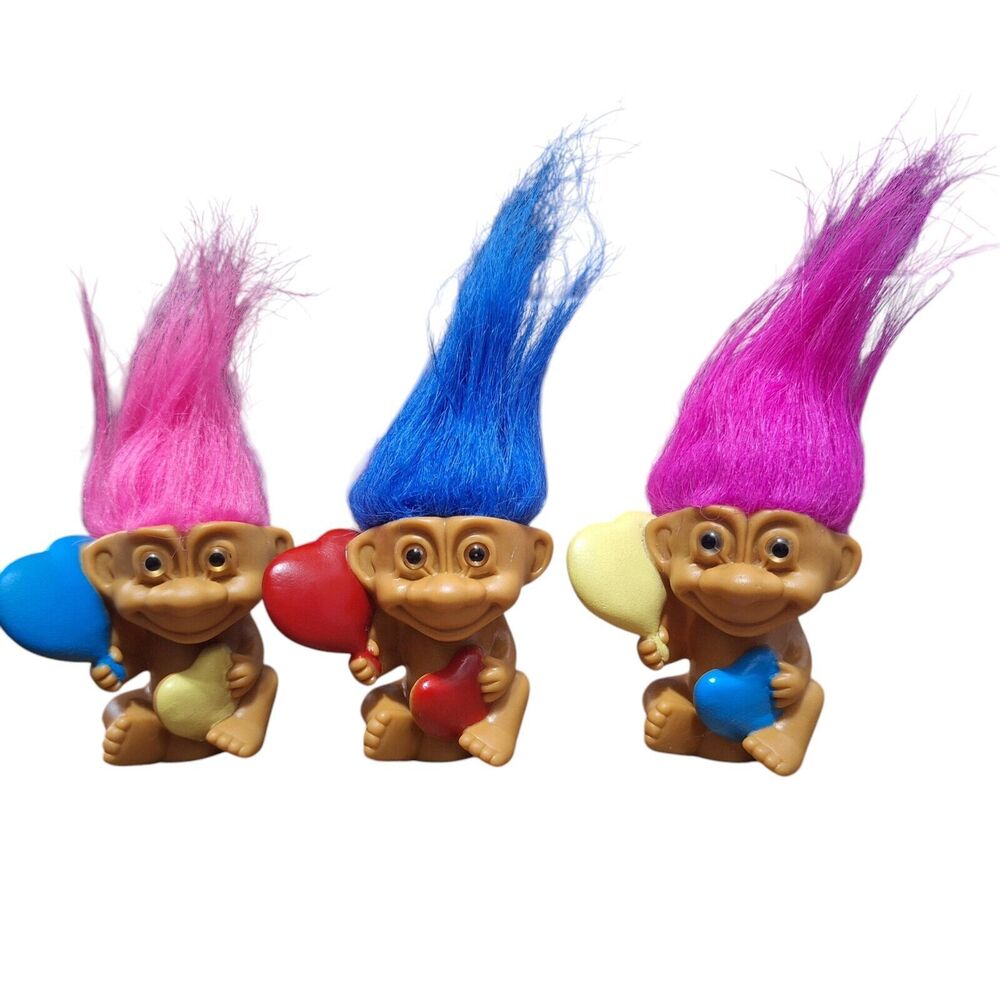Set Of 3 Troll Dolls Russ Berrie 1992 Valentine's Day Anniversary Hearts Unique